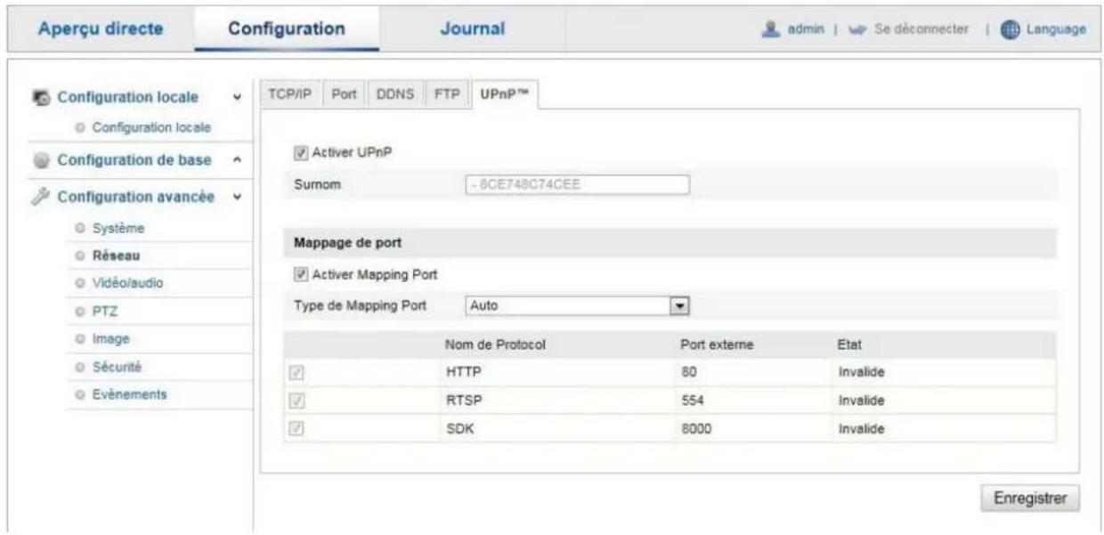 Aperçu directe Configuration Journal admin | Se déconnecter | Language TCP/IP Port DDNS FTP UPnP™ Configuration locale Configuration locale Configuration de base Configuration avancée Système Réseau Vidéo/audio PTZ Image Sécurité Evénements Activer UPnP Sumom -8CE748C74CEE Mappage de port Activer Mapping Port Type de Mapping Port Auto Nom de Protocol Port externe Etat HTTP 80 Invalide RTSP 554 Invalide SDK 8000 Invalide Enregistrer