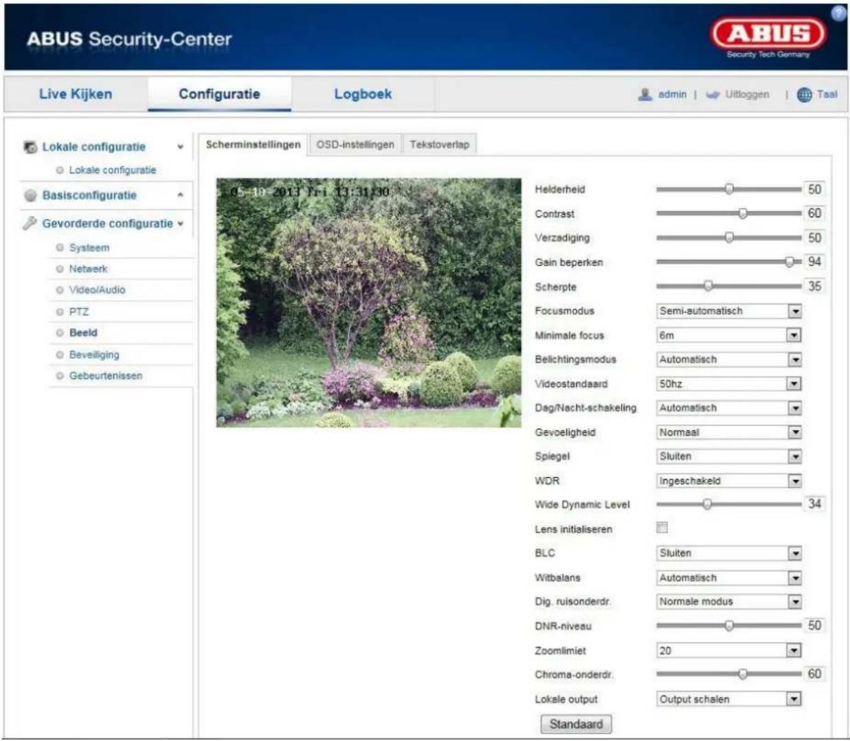 ABUS Security-Center Live Kijken Configuratie Logboek admin | Uitloggen | Tsal Lokale configuratie Lokale configuratie Basisconfiguratie Gevorderde configuratie Systeem Netwerk Video/Audio PTZ Beeld Beveiliging Gebeurtenissen Scherminstellingen OSD-instellingen Tekstoverlap Helderheid Contrast Verza…