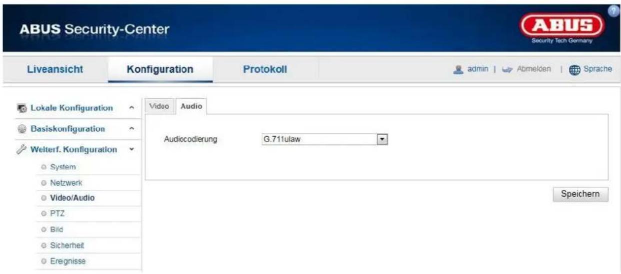 ABUS Security-Center Liveansicht Konfiguration Protokoll admin Abmelden Sprache Lokale Konfiguration Audio Basiskonfiguration Audiocodierung G.711ulaw Weiterf. Konfiguration System Netzwerk Video/Audio PTZ Bild Sicherheit Eregnisse Speichern