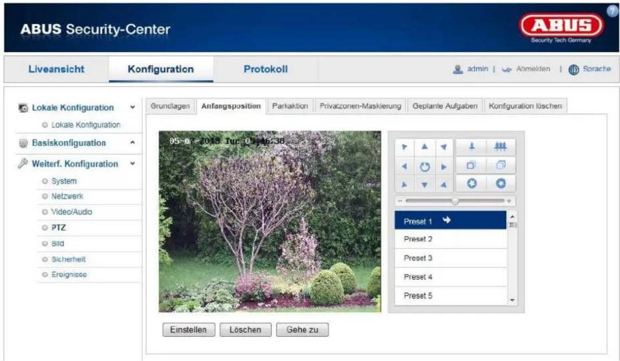 ABUS Security-Center Liveansicht Konfiguration Protokoll admin | Abmelden | Sprache Lokale Konfiguration Lokale Konfiguration Basiskonfiguration Weiterf. Konfiguration System Netzwerk Video/Audio PTZ Bild Sicherheit Ereignisse Grundlagen Anfangsposition Parkaktion Privatzonen-Maskierung Geplante Auf…