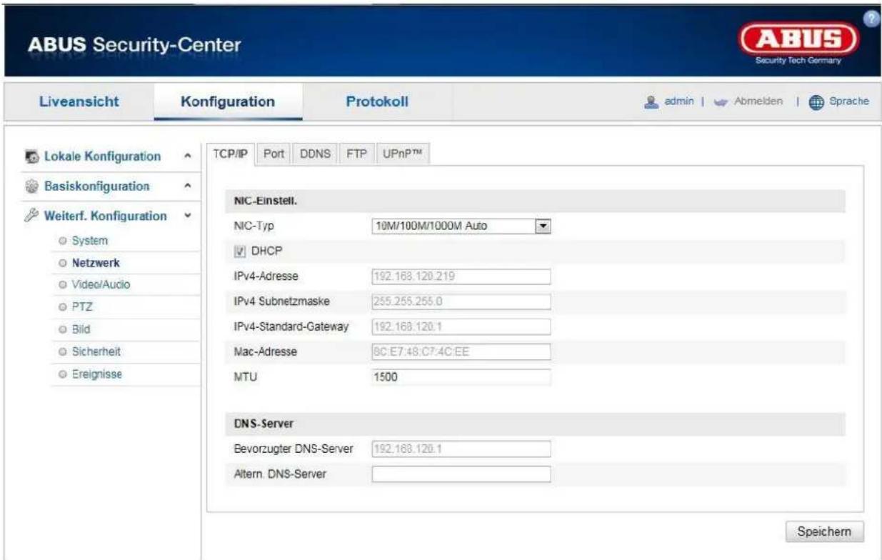 ABUS Security-Center Liveansicht Konfiguration Protokoll admin Abmeiden Sprache TCP/IP Port DDNS FTP UPnPTM Lokale Konfiguration Basiskonfiguration Weiterf. Konfiguration System Netzwerk Video/Audio PTZ Bild Sicherheit Ereignisse NIC-Einstell. NIC-Typ 10M/100M/1000M Auto DHCP IPv4-Adresse 192.168.12…