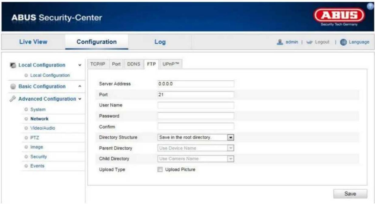 ABUS Security-Center Security Tech Germany Live View Configuration Log admin | Logout | Language TCP/IP Port DDNS FTP UPnP™ Server Address 0.0.0.0 Port 21 User Name Password Confirm Directory Structure Save in the root directory. Parent Directory Use Device Name Child Directory Use Camera Name Upload Type Upload Picture Save