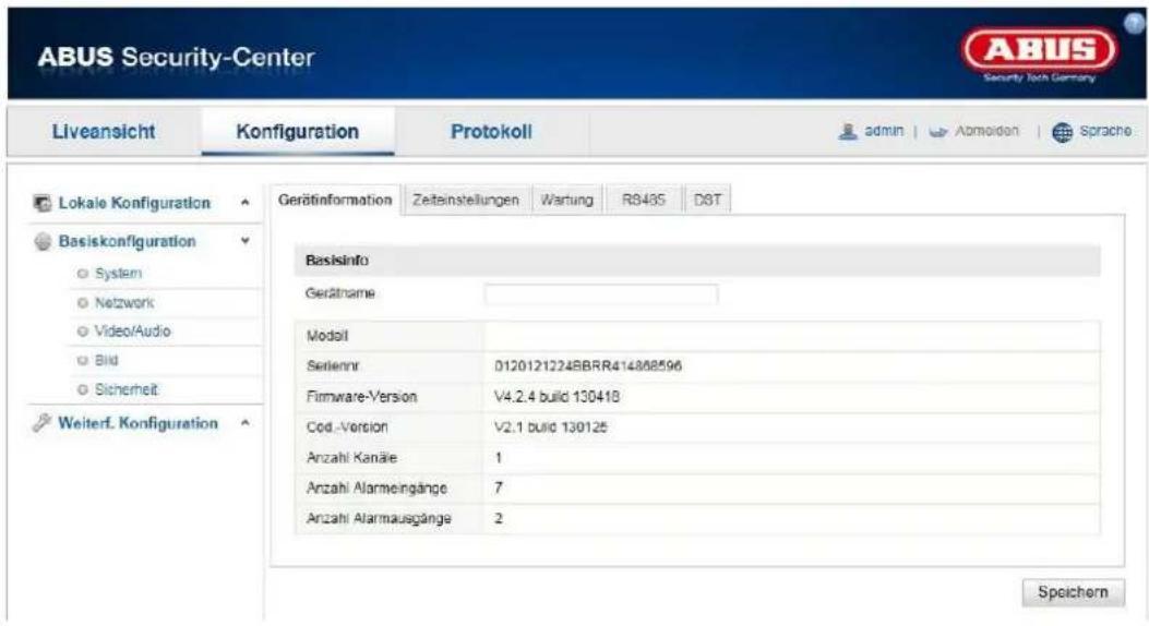 ABUS Security-Center Liveansicht Konfiguration Protokoll admin Abmaiden Sprache Lokale Konfiguration Basiskonfiguration System Network Video/Audio Bild Sicherheit Weiterf. Konfiguration Gerätinformation Zeitsinstellungen Wartung RS485 DST Basisinfo Gerätsame Modell Setiennr D120121224BBRR414888596 F…