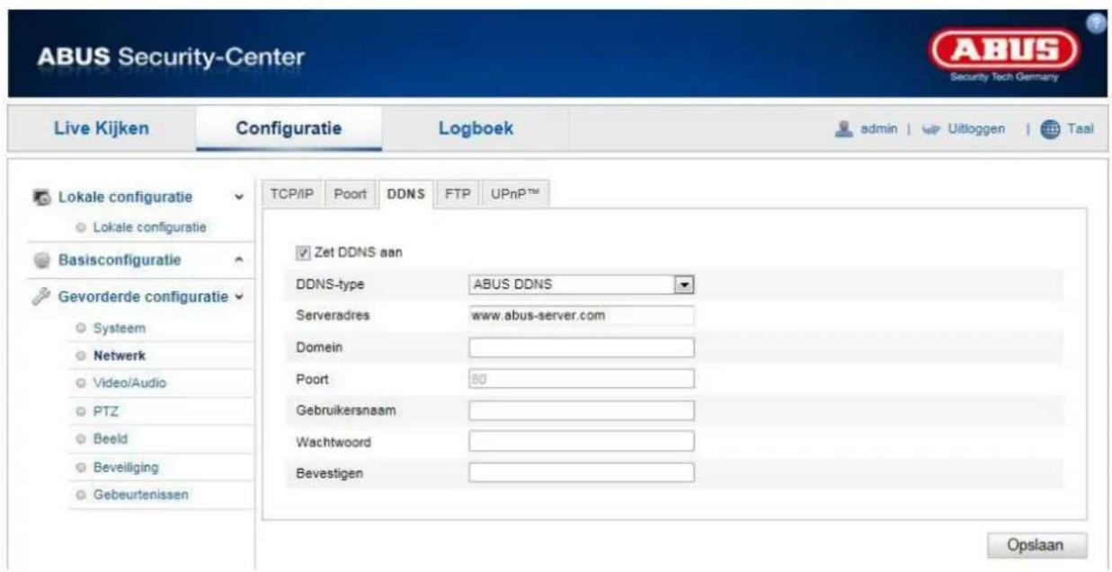 ABUS Security-Center Live Kijken Configuratie Logboek admin | Uitloggen | Taal TCP/IP Poort DDNS FTP UPnP™ Lokale configuratie Lokale configuratie Basisconfiguratie Gevorderde configuratie Systeem Netwerk Video/Audio PTZ Beeld Beveiliging Gebeurtenissen Zet DDNS aan DDNS-type ABUS DDNS Serveradres w…
