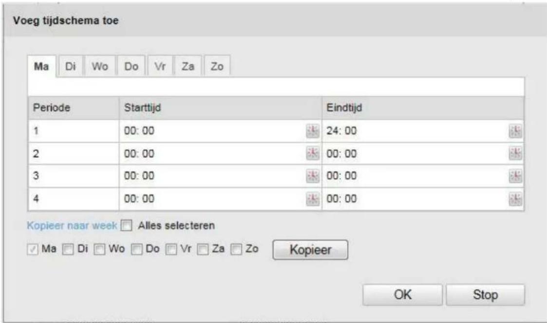 Voeg tijdschema toe Ma Di Wo Do Vr Za Zo Periode Starttijd Eindtijd 1 00:00 24:00 2 00:00 00:00 3 00:00 00:00 4 00:00 00:00 Kopieer naar week □ Alles selecteren ✓ Ma □ Di □ Wo □ Do □ Vr □ Za □ Zo Kopieer OK Stop