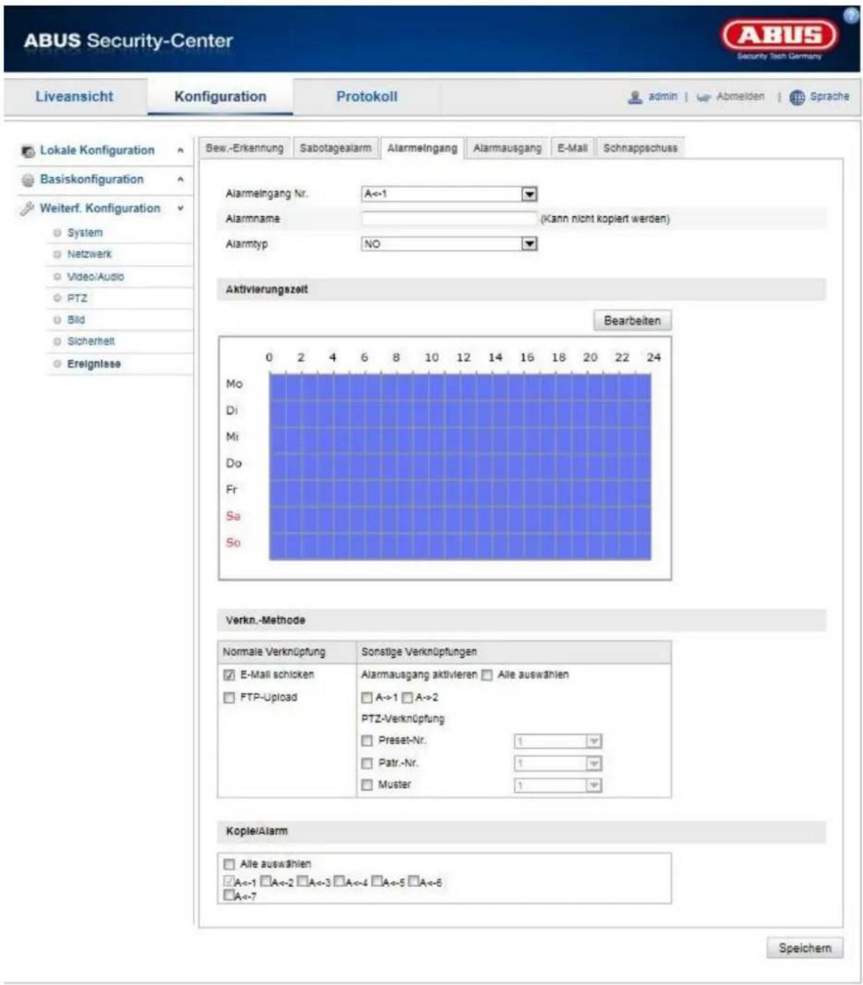 ABUS Security-Center Liveansicht Konfiguration Protokoll admin Abmelden Sprache Lokale Konfiguration Basiskonfiguration Weiterf. Konfiguration System Netzwerk Video/Audio PTZ Bild Sicherheit Ereignisse Bew.-Erkennung Sabotagealarm Alarmeingang Alarmausgang E-Mail Schnappschuss Alarmingang Nr. A<=1 A…