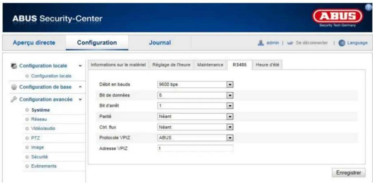 ABUS Security-Center Aperçu directe Configuration Journal admin Se déconnecter Language Configuration locale Configuration locale Configuration de base Configuration avancée Système Réseau Vidéo/audio PTZ Image Sécurité Evénements Informations sur le matériel Réglage de l'heure Maintenance RS485 Heure d'été Débit en bauds 9600 bps Bit de données 8 Bit d'arrêt 1 Parité Néant Ctrl. flux Néant Protocole VPIZ ABUS Adresse VPIZ 1 Enregistrer
