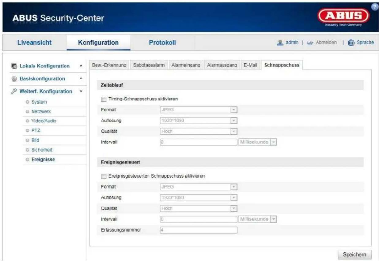 ABUS Security-Center Liveansicht Konfiguration Protokoll admin Abmelden Sprache Lokale Konfiguration Basiskonfiguration Weiterf. Konfiguration System Netzwerk Video/Audio PTZ Bild Sicherheit Ereignisse Bew.-Erkennung Sabotagealarm Alarmeingang Alarmausgang E-Mail Schnappschuss Zeitablauf Timing-Schn…