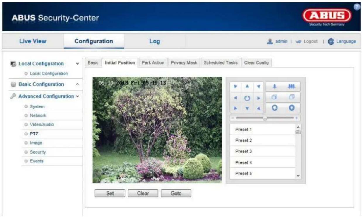 ABUS Security-Center Live View Configuration Log admin | Logout | Language Local Configuration Local Configuration Basic Configuration Advanced Configuration System Network Video/Audio PTZ Image Security Events 05-10-2013 Fri 09:45:13 Set Clear Goto Preset 1 Preset 2 Preset 3 Preset 4 Preset 5