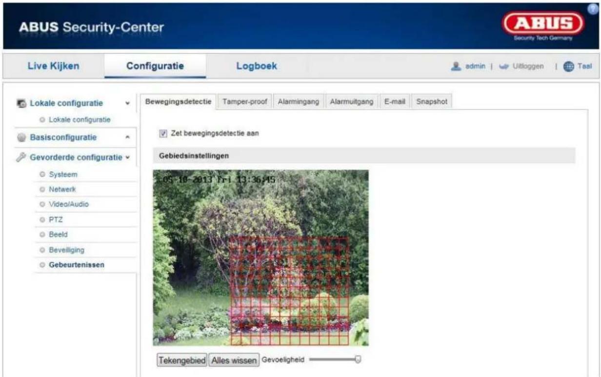 ABUS Security-Center Live Kijken Configuratie Logboek admin | Uitloggen | Teal Lokale configuratie Lokale configuratie Basisconfiguratie Gevorderde configuratie Systeem Netwerk Video/Audio PTZ Beeld Beveiliging Gebeurtenissen Bewegingsdetectie Tamper-proof Alarmingang Alarmuitgang E-mail Snapshot Ze…
