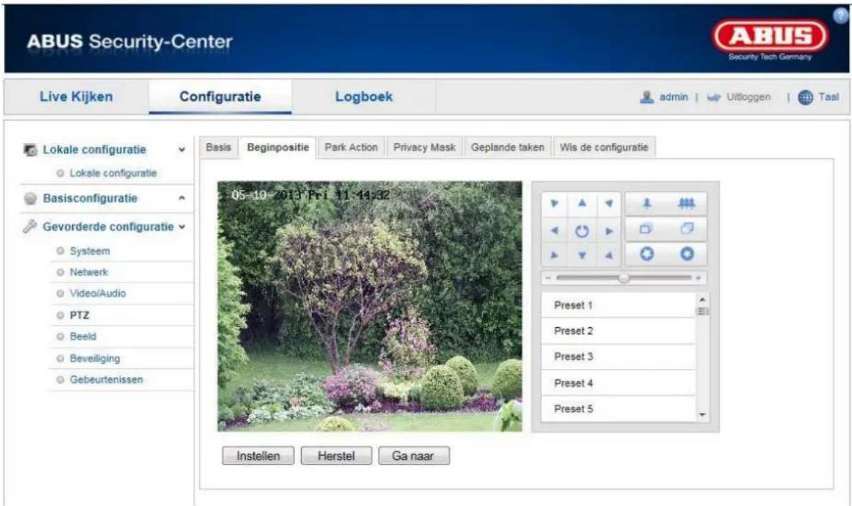 ABUS Security-Center Live Kijken Configuratie Logboek admin | Uitloggen | Taal Lokale configuratie Lokale configuratie Basisconfiguratie Gevorderde configuratie Systeem Netwerk Video/Audio PTZ Beeld Beveiliging Gebeurtenissen 05-10-2013 Fri 11-14:32 Instellen Herstel Ga naar Preset 1 Preset 2 Preset…