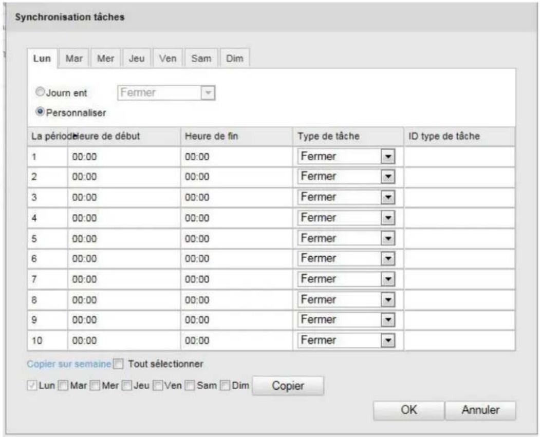 Synchronisation tâches Lun Mar Mer Jeu Ven Sam Dim Journ ent Fermer Personnaliser La période Heure de début Heure de fin Type de tâche ID type de tâche 1 00:00 00:00 Fermer 2 00:00 00:00 Fermer 3 00:00 00:00 Fermer 4 00:00 00:00 Fermer 5 00:00 00:00 Fermer 6 00:00 00:00 Fermer 7 00:00 00:00 Fermer 8 00:00 00:00 Fermer 9 00:00 00:00 Fermer 10 00:00 00:00 Fermer Copier sur semaine Tout sélectionner Lun Mar Mer Jeu Ven Sam Dim Copier OK Annuler