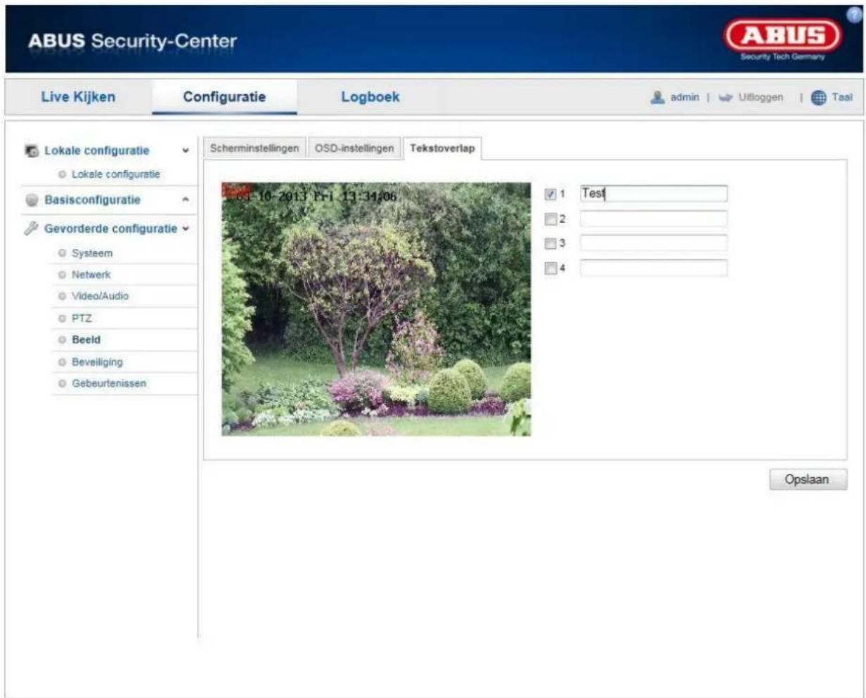 ABUS Security-Center Live Kijken Configuratie Logboek admin | Uitloggen | Tsal Lokale configuratie Lokale configuratie Basisconfiguratie Gevorderde configuratie Systeem Netwerk Video/Audio PTZ Beeld Beveiliging Gebeurtenissen Scherminstellingen OSD-instellingen Tekstoverlap 10-2013 Fri 13:34:06 Test…