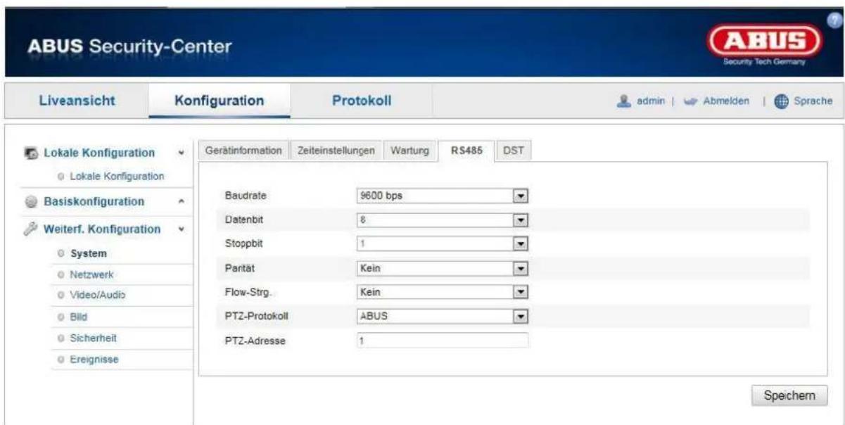 ABUS Security-Center Liveansicht Konfiguration Protokoll admin Abmelden Sprache Gerätinformation Zeiteinstellungen Wartung RS485 DST Baudrate 9600 bps Datenbit 8 Stoppbit 1 Pantät Kein Flow-Strg. Kein PTZ-Protokoll ABUS PTZ-Adresse 1 Spechern