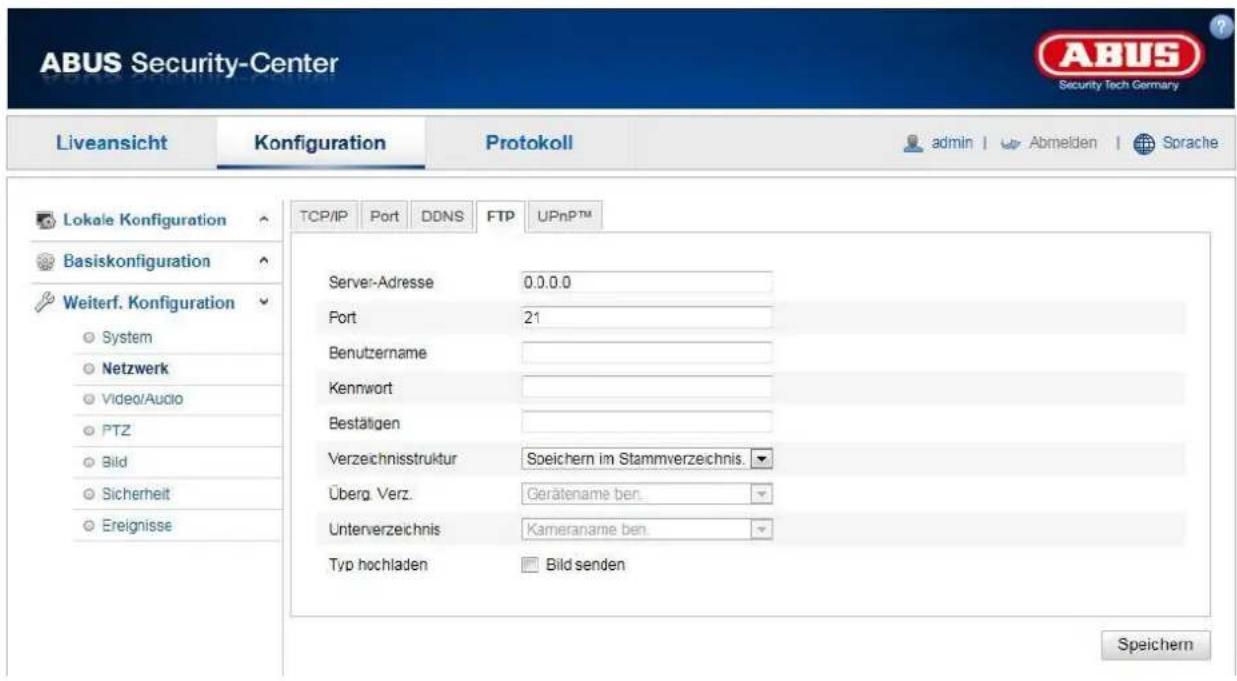 ABUS Security-Center Liveansicht Konfiguration Protokoll admin Abmeiden Sprache TCP/IP Port DDNS FTP UPnPTM Lokale Konfiguration Basiskonfiguration Weiterf. Konfiguration System Netzwerk Video/Audio PTZ Bild Sicherheit Ereignisse Server-Adresse 0.0.0.0 Port 21 Benutzername Kennwort Bestätigen Verzei…