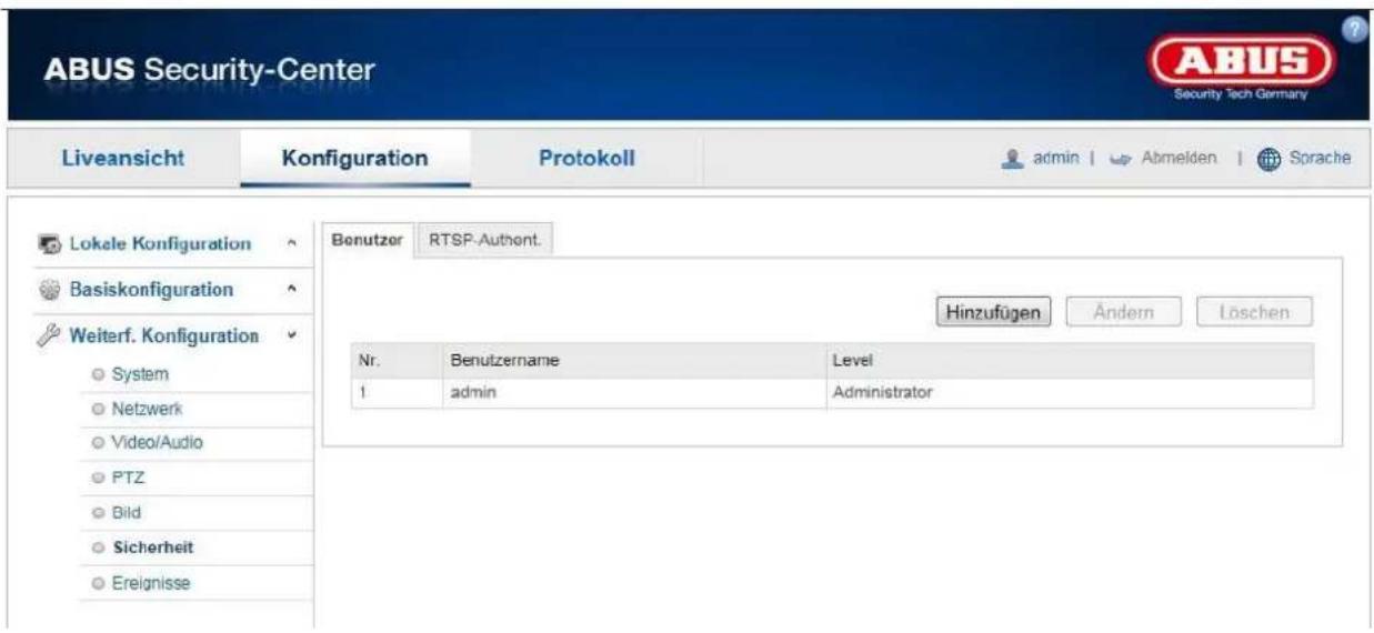 ABUS Security-Center Liveansicht Konfiguration Protokoll admin Abmelden Sprache Lokele Konfiguration Basiskonfiguration Weiterf. Konfiguration System Netzwerk Video/Audio PTZ Bild Sicherheit Ereignisse Benutzer RTSP-Authent. Hinzufügen Ändern Löschen Nr. Benutzername Level 1 admin Administrator