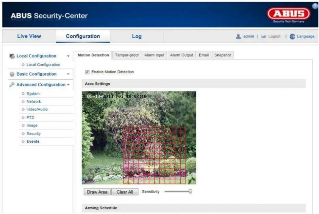 ABUS Security-Center Live View Configuration Log admin | Logout | Language Local Configuration Local Configuration Basic Configuration Advanced Configuration System Network Video/Audio PTZ Image Security Events Motion Detection Tamper-proof Alarm Input Alarm Output Email Snapshot Enable Motion Detection Area Settings 05-10-2013 Fri 10:02:10 Draw Area Clear All Sensitivity Arming Schedule