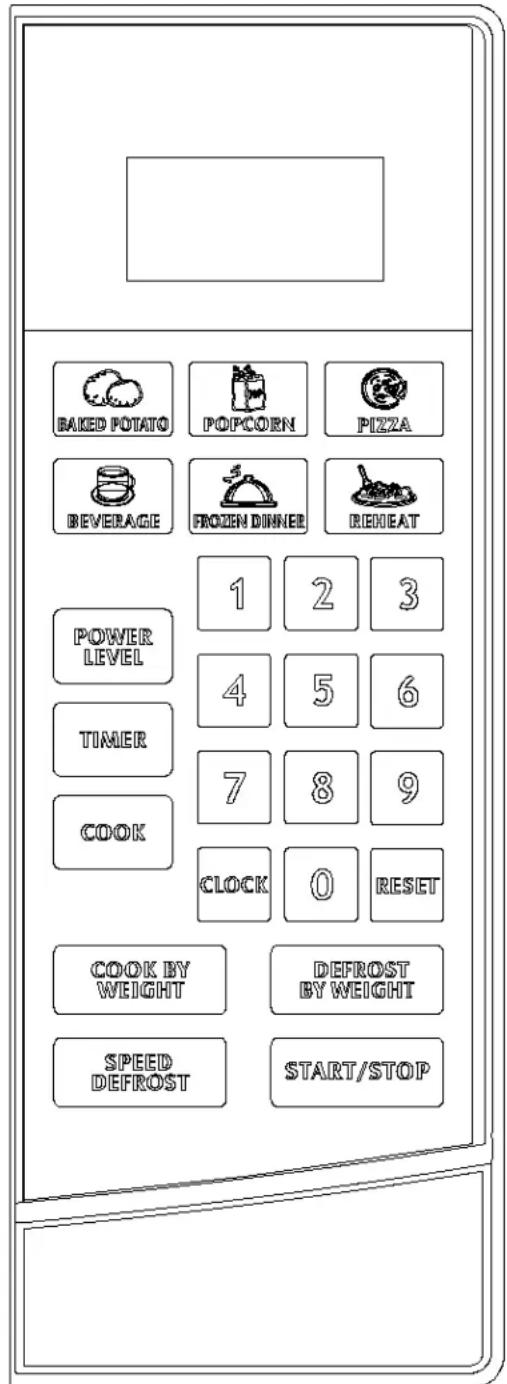 BAKED POTATO POPCORN PIZZA BEVERAGE FROZEN DINNER RENEAT POWER LEVEL 1 2 3 4 5 6 TIMER 7 8 9 COOK CLOCK 0 RESET COOK BY WEIGHT DEFROST BY WEIGHT SPEED DEFROST START/STOP