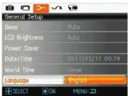 General Setup Beep LCD Brightness Power Saver Date/Time World Time Language English SELECT OK MENU: