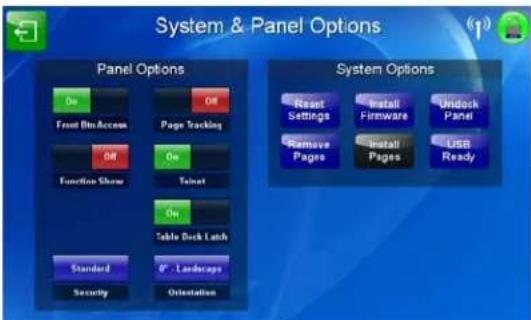 System & Panel Options Panel Options On On Front Bin Access Page Tracking Function Show Toilet On Table Deck Latch Standard 0" - Landcage Security Orientation System Options Reset Settings Install Firmware Unlock Panel Remove Pages Install Pages USB Ready