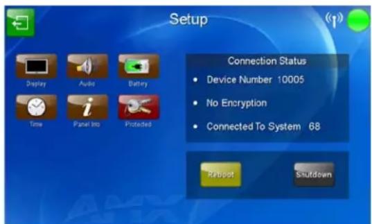 Setup Connection Status • Device Number 10005 • No Encryption • Connected To System 68 Reboot Shutdown