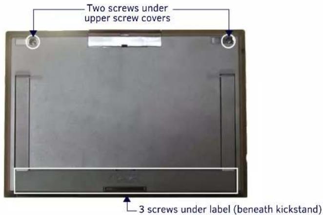 Two screws under upper screw covers 3 screws under label (beneath kickstand)