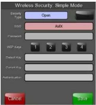 Wireless Security: Simple Mode Security Type Open SSD AMX Passwords WIP Keys 1 2 3 4 Default Key Current Key Authentication Cancel Save