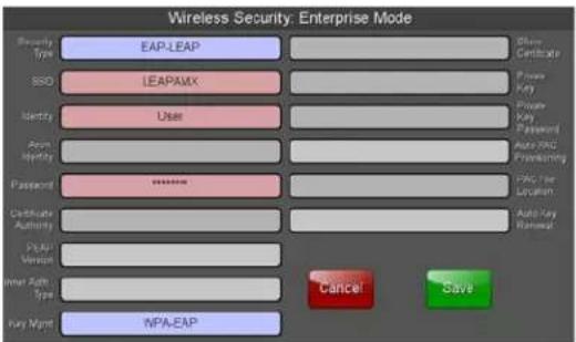 Wireless Security: Enterprise Mode Security Type:EAP-LEAP Share Certificate SSO LEAPAMX Private Key Identity User Private Key Password Auto-MSC Password Password Certificate Authority AutoKey Version Removal Other Auto Type Key Payment WPA-EAP Cancel Save