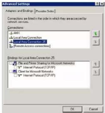 Advanced Settings Adapters and Bindings | Provider Orders | Connections are listed in the order in which they are accessed by network services. Connections: AMCX Local Area Connection Local Area Connection 25 (Remote Access connections) Bindings for Local Area Connection 25: File and Packet Sharing for Microsoft Networks Internet Protocol (TCP/IP) Client for Microsoft Networks Internet Protocol (TCP/IP) OK Cancel