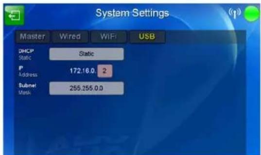 System Settings Master Wired WiFi USB DHCP Static Static P Address 172.16.0.2 2 Subnet Mask 255.255.0.0