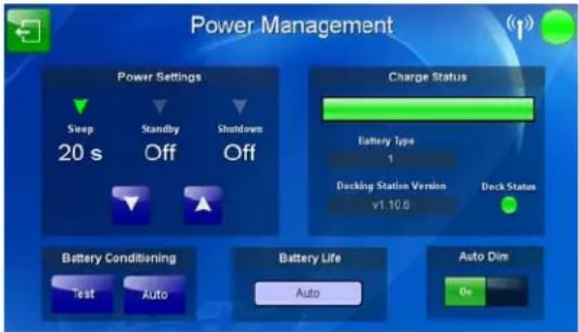 Power Management Power Settings Sleep Standby Shutdown 20 s Off Off Charge Status Battery Type 1 Decking Station Version v1 10.6 Deck Status Battery Conditioning Battery Life Auto Dine Test Auto