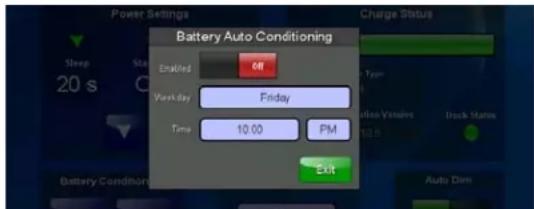 Battery Auto Conditioning Enabled 04 Weekday Friday Time 10:00 PM Exit Battery Condition Auto Dim Sleep Sta 20 s Charge Status