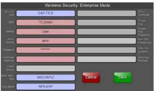 Wireless Security: Enterprise Mode Security Type:EAP-TTLS Open Certificate SISQ:TTLSAMX Power Key Identity User Private Key Password Anon Anon Auto RNA Commenting Identity anon Password PAD Fee Location Password ****** Certificates Authority Auto Key Retrieval PAP Version Other Auth Type: MSCHAPV2 Cancel Save Key Mgmt NPA-EAP