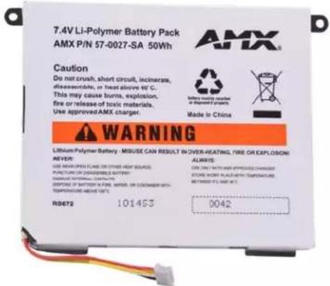 7.4V Li-Polymer Battery Pack AMX P/N 57-0027-SA 50Wh Caution Do not crush; short circuit, incinerase, disassessments, or heat above by C. This may cause burns, explosion, fire or release of toxic materials. Use approved AMX charger. Made in China WARNING Lithium Polymer Battery - MISUSE CAN RESULT IN OVER HEATING, FIRE OR EXPLOSIONS NEVER: USE NEAR OPEN FLAME OR OTHER HEAT SERVICE. FUNCTION OR SHAPPERABLE SWITCH. DRAGON ELECTRIC CONNECTS. DISPACES OF BATTERY ON FIRE, METER OR COOKING WITH EXPANSION ABOVE LEFT. RS672 101453 0042