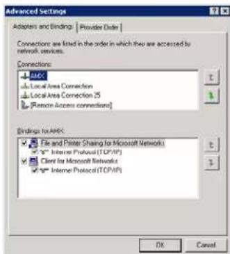 Advanced Settings Adapters and Bindings | Provider Order | Connections are listed in the order in which they are accessed by network services. Connections: AMK Local Area Connection Local Area Connection 25 [Remote Access connections] Bindings for AMK: File and Printer Sharing for Microsoft Networks Internet Protocol (TCP/IP) Client for Microsoft Networks Internet Protocol (TCP/IP) OK Cancel