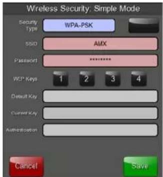 Wireless Security, Simple Mode Security Type: WPA-PSK 5500 AMX Password ******** WEP Keys 1 2 3 4 Default Key Current Key Authentication Cancel Save