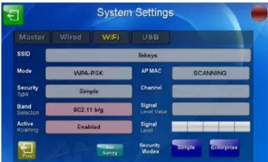 System Settings Master Wired WiFi USB SSID linksys Mode WPA-PSK AP MAC SCANNING Security Type Simple Channel Band Selection 802.11 b/g Signal Level Value Active Roaming Enabled Signal Level Fire Air Survey Security Modes Single Enterprise
