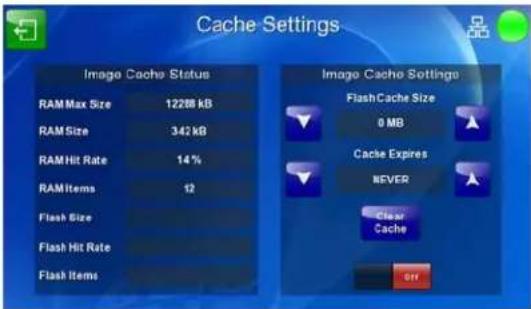 Cache Settings Image Cache Status RAM Max Size 12288 kB RAM Size 342 kB RAM Hit Rate 14% RAM Items 12 Flash Size Flash Hit Rate Flash Items Image Cache Settings Flash Cache Size 0 MB Cache Expires NEVER Clear Cache OK