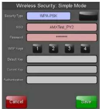 Wireless Security: Simple Mode Security Type: WPA-PSK SSD AMXTest_PV2 Password ****** WEP Keys 1 2 3 4 Default Key Current Key Authentication Cancel Save