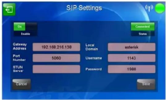 SIP Settings On Enable Gateway Address 192.168.216.138 Local Port Number 5060 Domain asterisk STUN Server Username 1143 Password 1988 Cancel Save