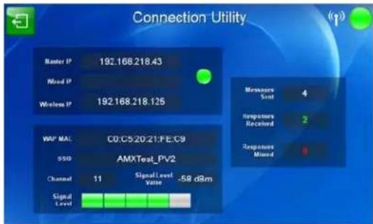 Connection Utility Marker IP 192.168.218.43 Mood IP Wireless IP 192.168.218.125 WAR® MA: C0:C5:20:21:FE:C9 SSB AMXTest_PV2 Channel 11 Signal cell Value -58 dBm Signal Level