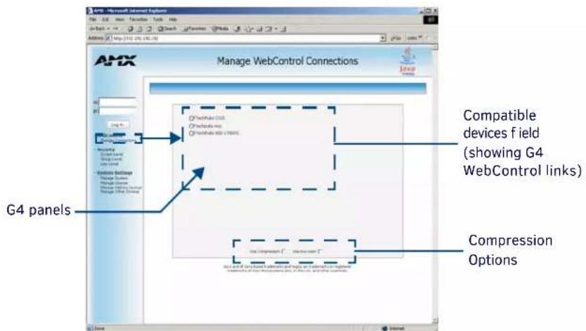 Manage WebControl Connections G4 panels Compatible devices field (showing G4 WebControl links) Compression Options