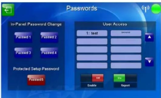 Passwords In-Panel Password Change Password 1 Password 2 Password 3 Password 4 Protected Setup Password Password5 User Access 1: test ***** Enable Report