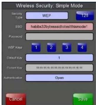 Wireless Security: Simple Mode Security Type WEP 128 $50 habits32bytessiditotesthismode! Password WEP Keys 1 2 3 4 Default Key 1 Current Key Open Authentication Cancel Save