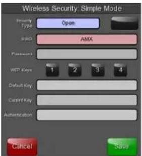 Wireless Security: Simple Mode Password Type: Open AMX Password: WEP Keys 1 2 3 4 Default Key Current Key Authentication Cancel Save