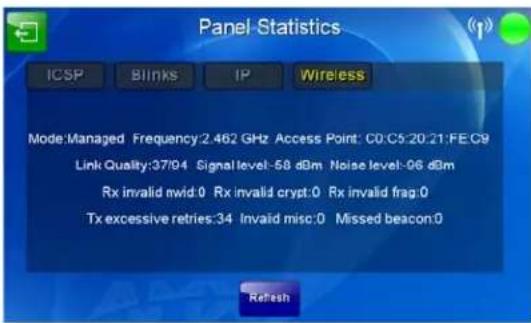 Panel Statistics ICSP Blinks IP Wireless Mode:Managed Frequency:2.462 GHz Access Point: C0:C5:20:21:FE:C9 Link Quality:37/04 Signal level:-58 dBm Noise level:-06 dBm Rx invalid nwd:0 Rx invalid crypt:0 Rx invalid frag:0 Tx excessive retries:34 Invalid misc:0 Missed beacon:0 Refresh