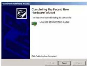Found New Hardware Wizard Completing the Found New Hardware Wizard The wizard has finished installing the software for Linux/USB Ethernet/RNDS Sadget Click Finish to close the wizard.