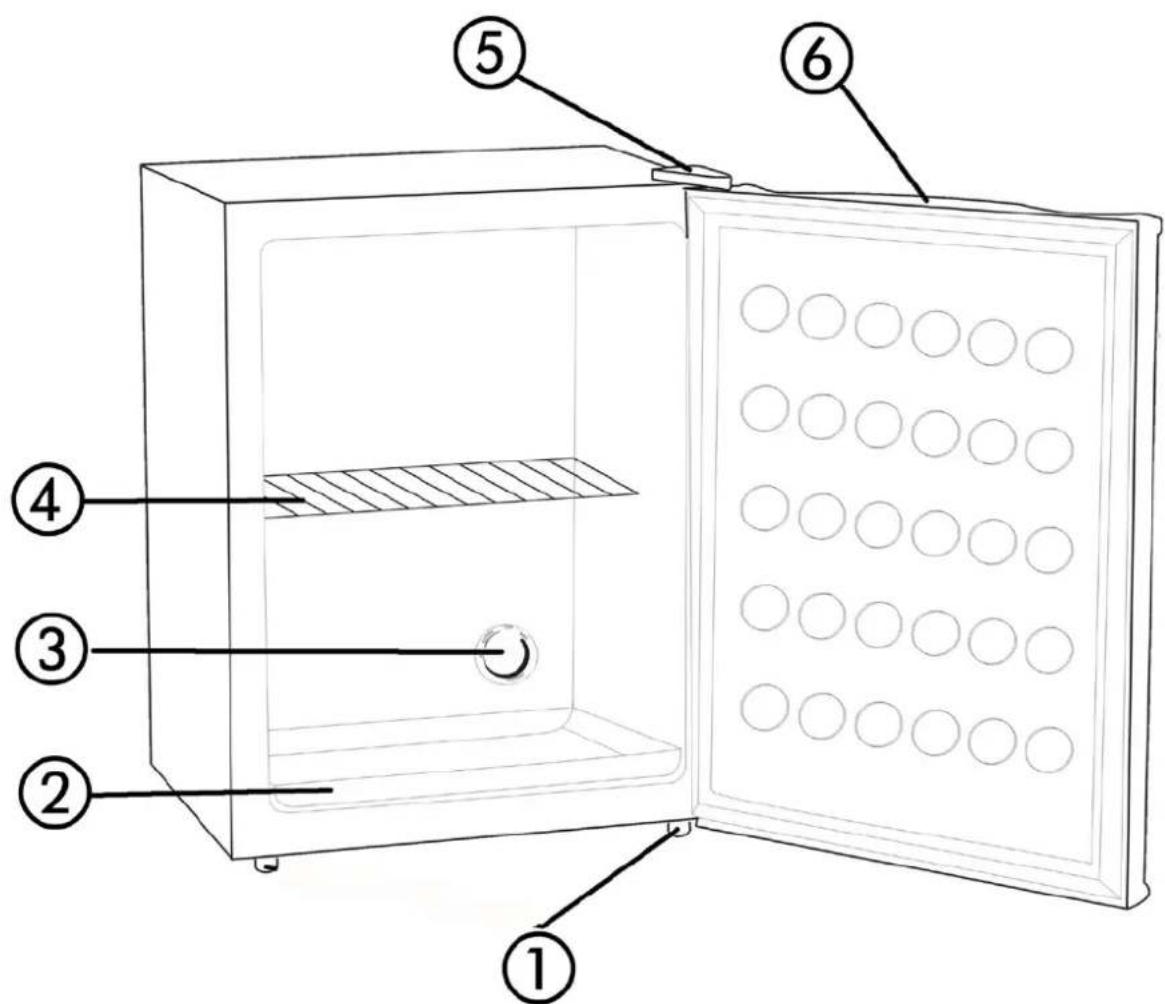 Diagram of a refrigerator interior with numbered parts for identification