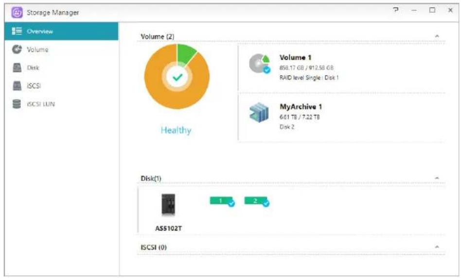 Storage Manager Overview Volume (2) Volume 1 858.17 GB / 912.58 GB RAID level Single : Disk 1 MyArchive 1 6.61 TB / 7.22 TB Disk 2 Volume Disk iSCSI iSCSI LUN Healthy Disk(1) AS5102T 1 2 iSCSI (0)