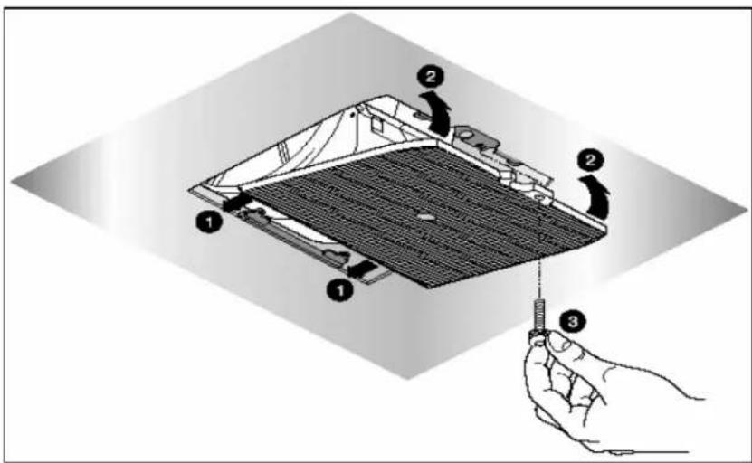 Diagram illustrating a mechanical assembly with numbered components and a hand holding a tool, likely illustrating a turning or disassembly process.